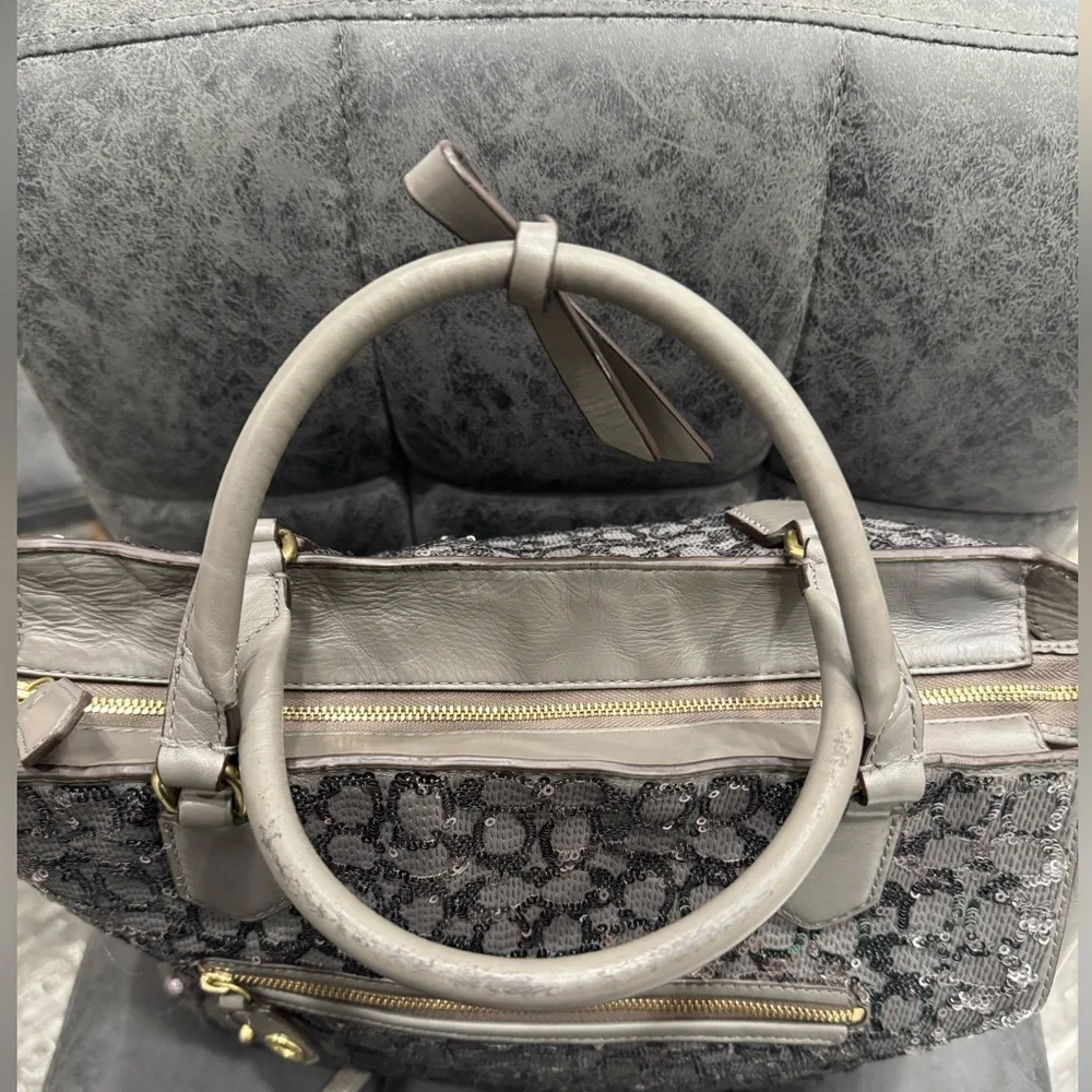 Coach Charcoal Gray Sequin 2-Way Leather Tote Bag